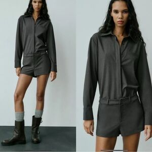 ZARA SHIRT STYLE MASCULINE JUMPSUIT PLAYSUIT GREY STRETCH FABRIC